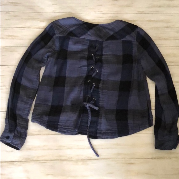 Cloth & Stone Buffalo Check Lace Back Tie Top - Picture 3 of 8